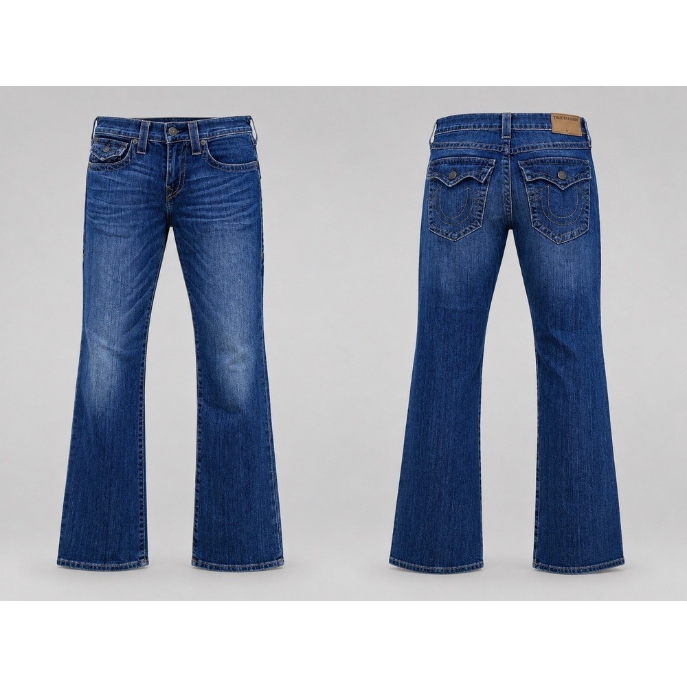True Religion Jeans Womens 28x31 Blue Straight  Distressed Flap Pocket Denim USA